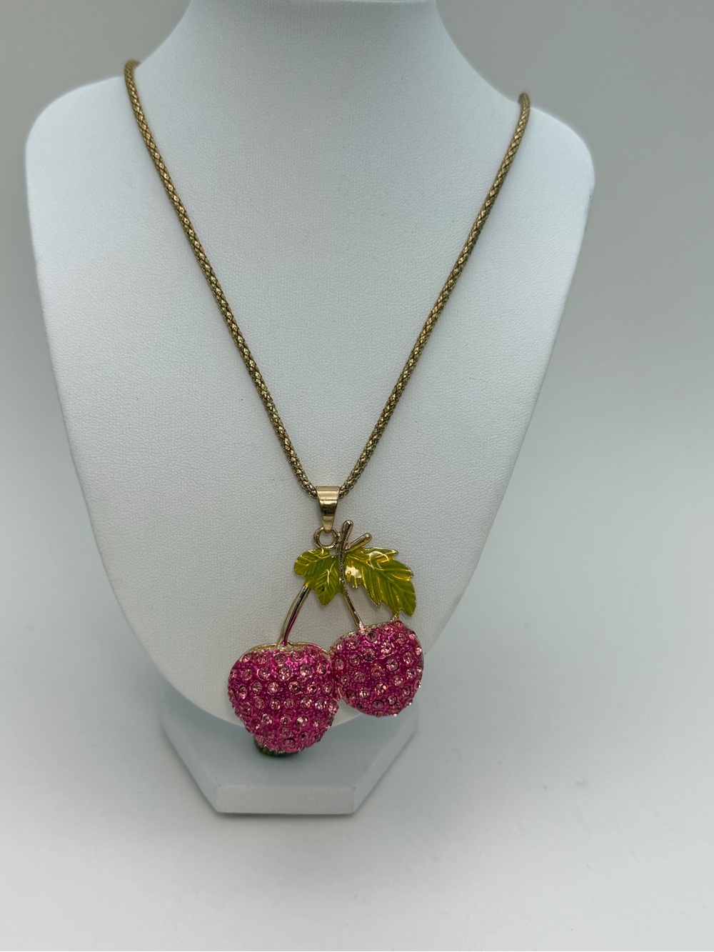 Betsey Johnson Gold-Tone Pink Crystal Cherry Necklace with Green Leaves